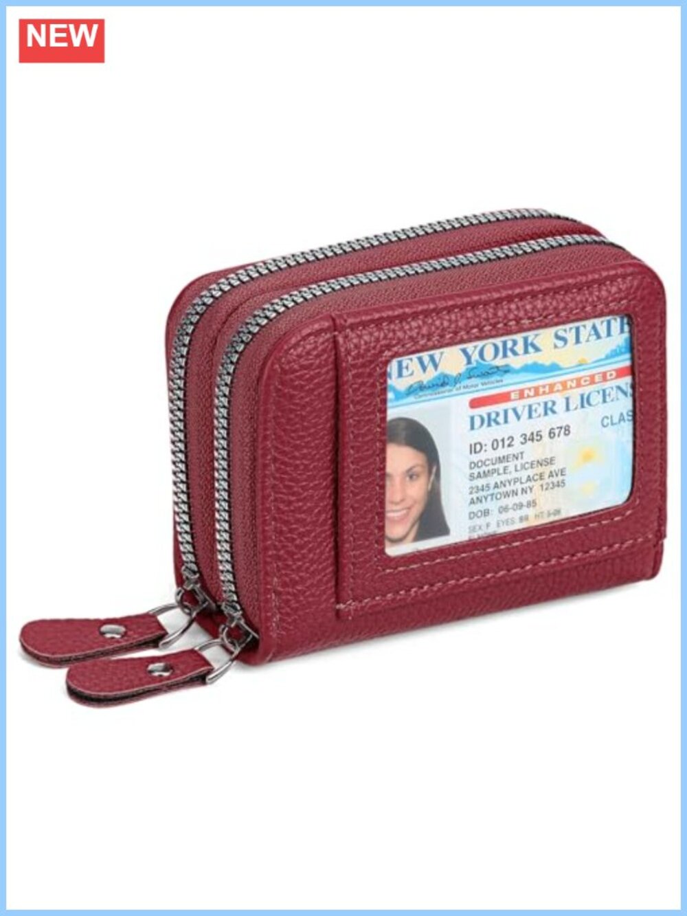Leather RFID Blocking Credit Card Holder Wallet Double Zipper ID Window